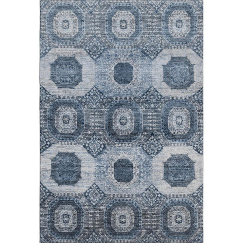 5' X 8' Blue And Ivory Abstract Geometric Washable Area Rug With UV Protection