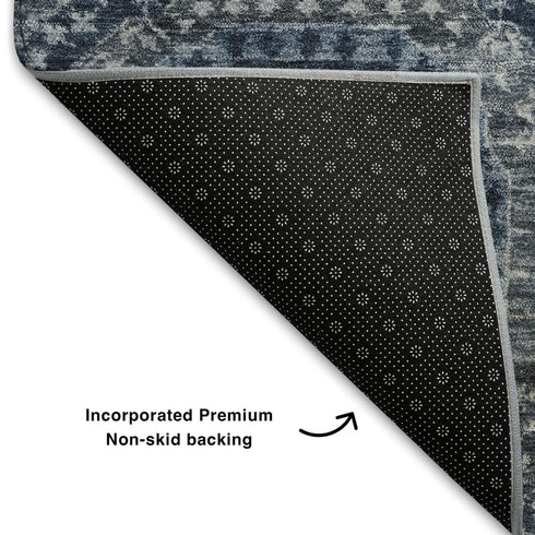 5' X 8' Blue And Ivory Abstract Geometric Washable Area Rug With UV Protection