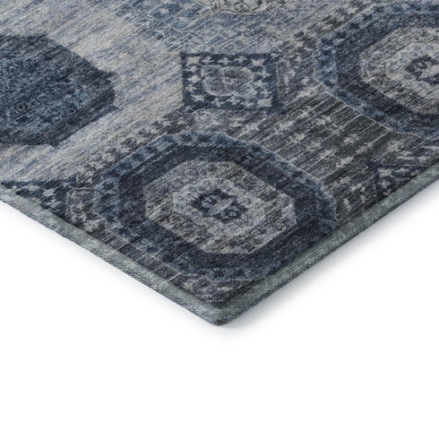 5' X 8' Blue And Ivory Abstract Geometric Washable Area Rug With UV Protection