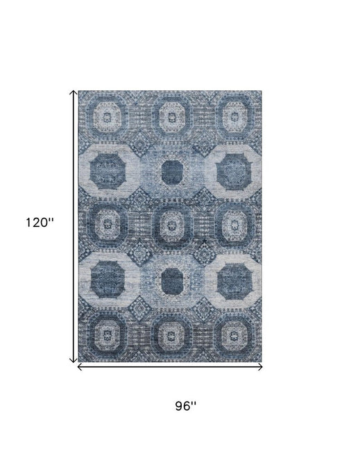 8' X 10' Blue And Ivory Abstract Geometric Washable Area Rug With UV Protection