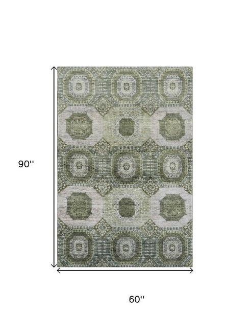 5' X 8' Olive Green And Beige Abstract Geometric Washable Area Rug With UV Protection