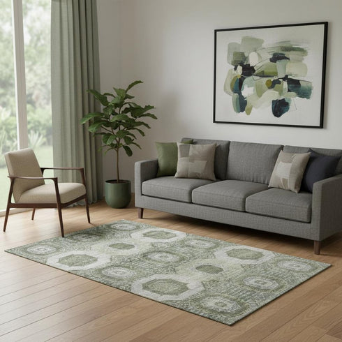 5' X 8' Olive Green And Beige Abstract Geometric Washable Area Rug With UV Protection