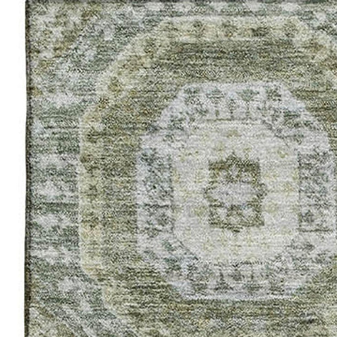 5' X 8' Olive Green And Beige Abstract Geometric Washable Area Rug With UV Protection