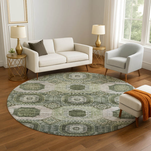 8' Olive Green And Beige Abstract Geometric Washable Round Rug With UV Protection
