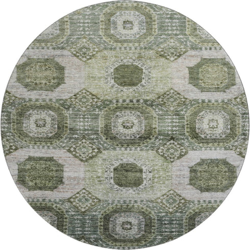 8' Olive Green And Beige Abstract Geometric Washable Round Rug With UV Protection