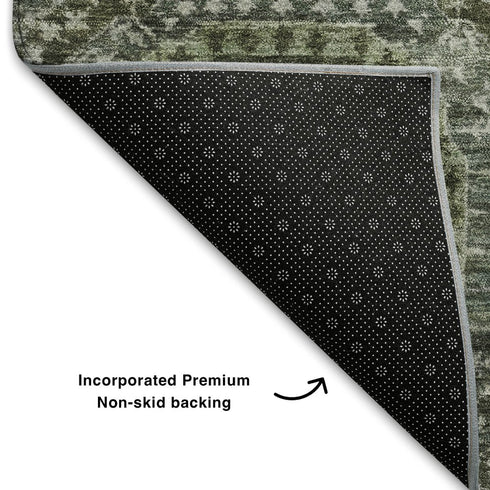 8' Olive Green And Beige Abstract Geometric Washable Round Rug With UV Protection