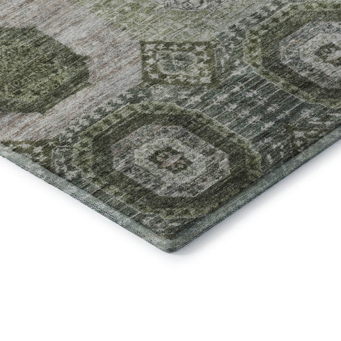8' Olive Green And Beige Abstract Geometric Washable Round Rug With UV Protection