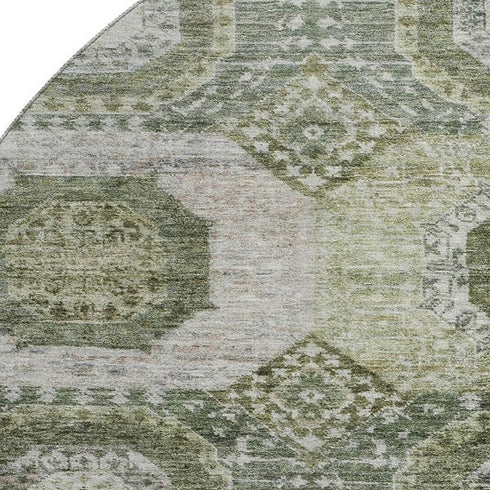 8' Olive Green And Beige Abstract Geometric Washable Round Rug With UV Protection