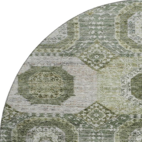 8' Olive Green And Beige Abstract Geometric Washable Round Rug With UV Protection