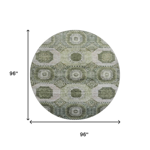 8' Olive Green And Beige Abstract Geometric Washable Round Rug With UV Protection