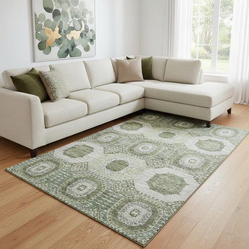 8' X 10' Olive Green And Beige Abstract Geometric Washable Area Rug With UV Protection