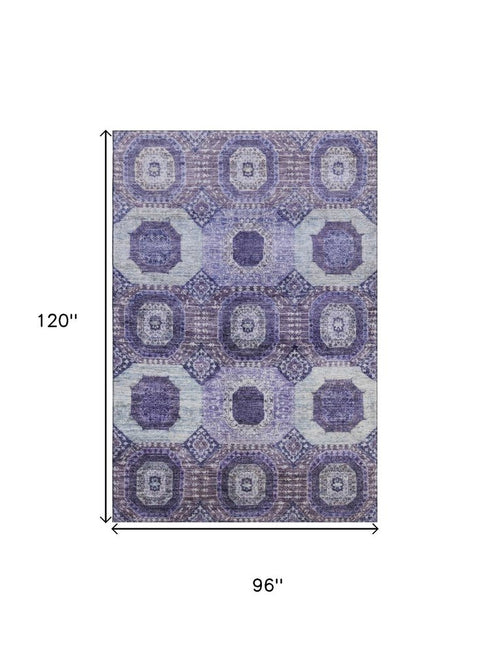 8' X 10' Purple And Silver Abstract Geometric Washable Area Rug With UV Protection