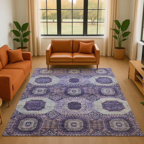8' X 10' Purple And Silver Abstract Geometric Washable Area Rug With UV Protection