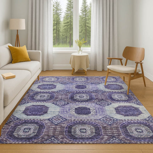 8' X 10' Purple And Silver Abstract Geometric Washable Area Rug With UV Protection