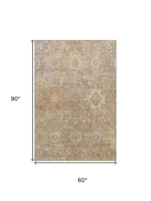 5' X 8' Beige Ivory And Gold Oriental Washable Area Rug With UV Protection