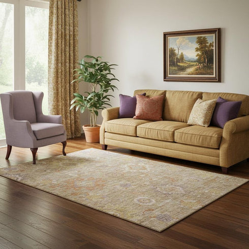5' X 8' Beige Ivory And Gold Oriental Washable Area Rug With UV Protection
