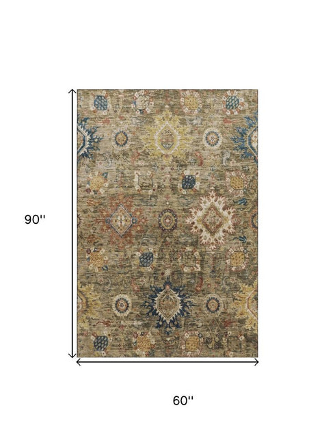 5' X 8' Brown Blue And Gold Oriental Washable Area Rug With UV Protection