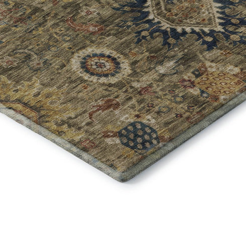 5' X 8' Brown Blue And Gold Oriental Washable Area Rug With UV Protection