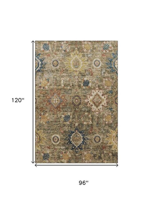 8' X 10' Brown Blue And Gold Oriental Washable Area Rug With UV Protection