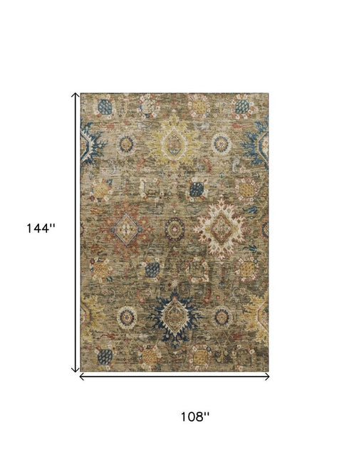 9' X 12' Brown Blue And Gold Oriental Washable Area Rug With UV Protection