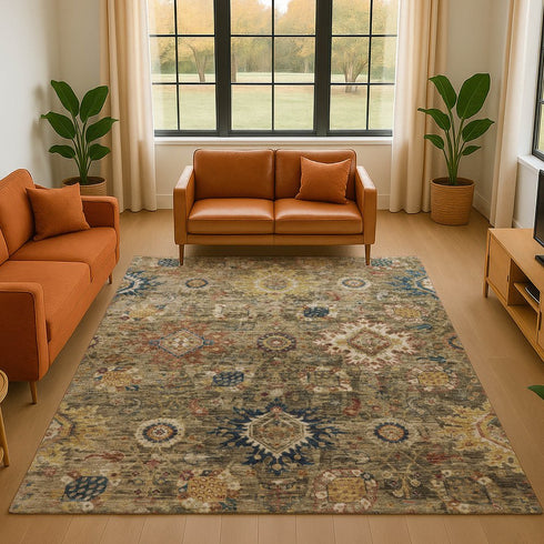 9' X 12' Brown Blue And Gold Oriental Washable Area Rug With UV Protection