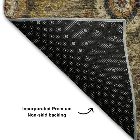 9' X 12' Brown Blue And Gold Oriental Washable Area Rug With UV Protection