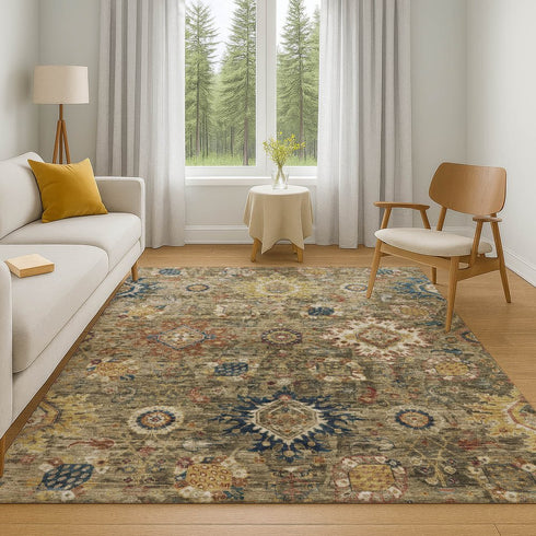 9' X 12' Brown Blue And Gold Oriental Washable Area Rug With UV Protection