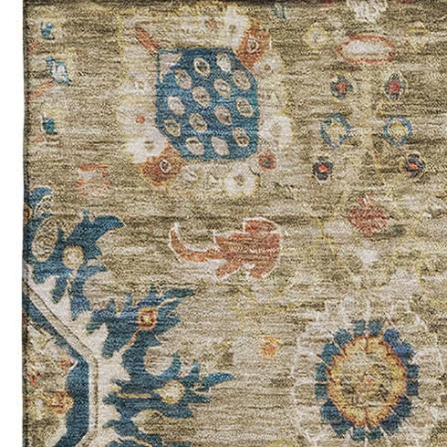 9' X 12' Brown Blue And Gold Oriental Washable Area Rug With UV Protection