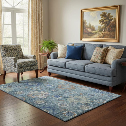 5' X 8' Blue Rust And Ivory Oriental Washable Area Rug With UV Protection