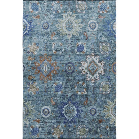 5' X 8' Blue Rust And Ivory Oriental Washable Area Rug With UV Protection