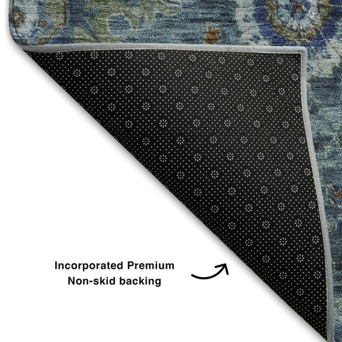 5' X 8' Blue Rust And Ivory Oriental Washable Area Rug With UV Protection