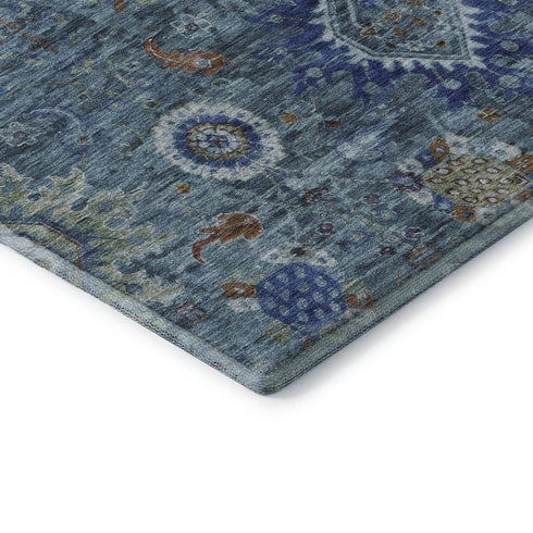 5' X 8' Blue Rust And Ivory Oriental Washable Area Rug With UV Protection