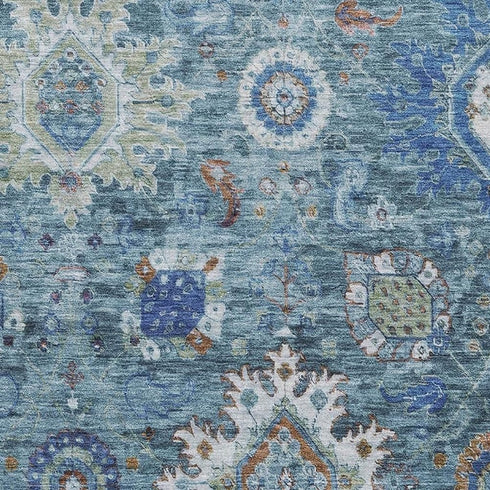 5' X 8' Blue Rust And Ivory Oriental Washable Area Rug With UV Protection