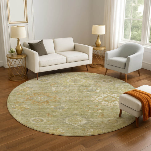 8' Sage Copper And Ivory Oriental Washable Round Rug With UV Protection