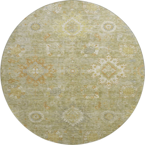 8' Sage Copper And Ivory Oriental Washable Round Rug With UV Protection
