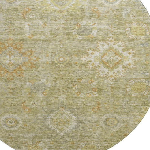 8' Sage Copper And Ivory Oriental Washable Round Rug With UV Protection