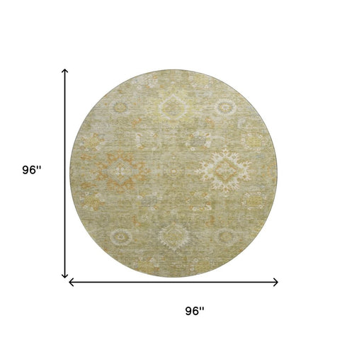 8' Sage Copper And Ivory Oriental Washable Round Rug With UV Protection
