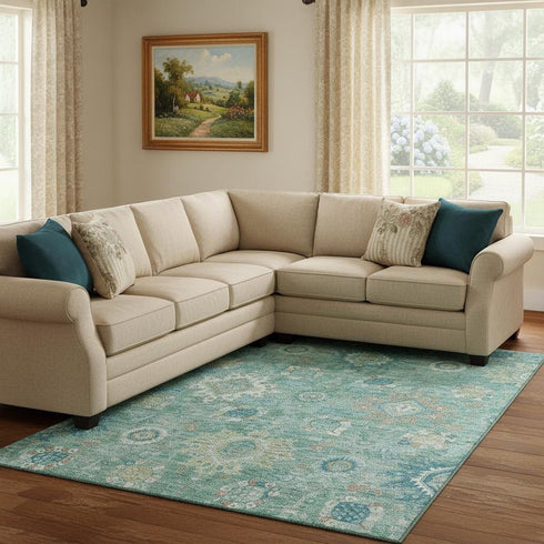 8' X 10' Teal Copper And Ivory Oriental Washable Area Rug With UV Protection