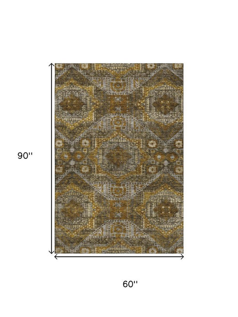 5' X 8' Brown Gold And Beige Abstract Geometric Washable Area Rug With UV Protection