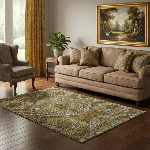 5' X 8' Brown Gold And Beige Abstract Geometric Washable Area Rug With UV Protection