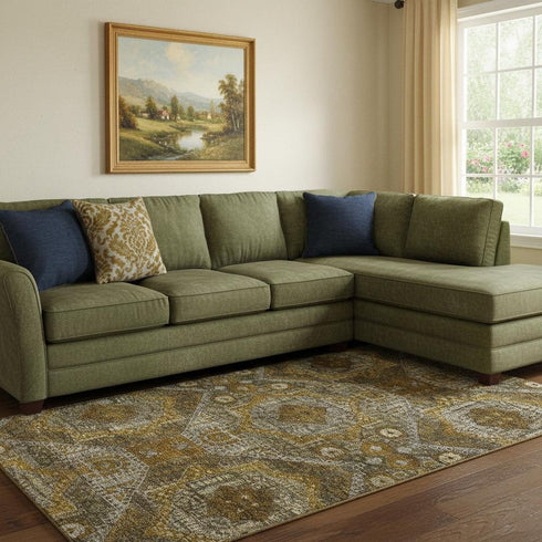 8' X 10' Brown Gold And Beige Abstract Geometric Washable Area Rug With UV Protection