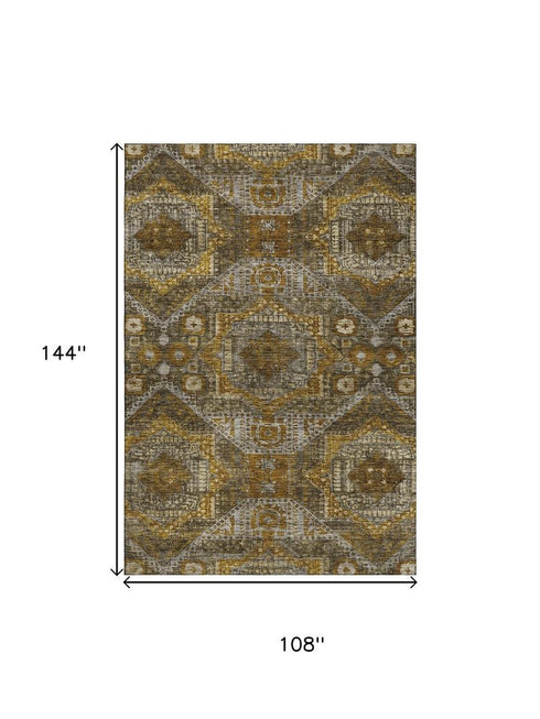 9' X 12' Brown Gold And Beige Abstract Geometric Washable Area Rug With UV Protection