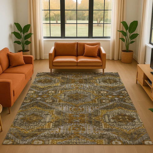 9' X 12' Brown Gold And Beige Abstract Geometric Washable Area Rug With UV Protection