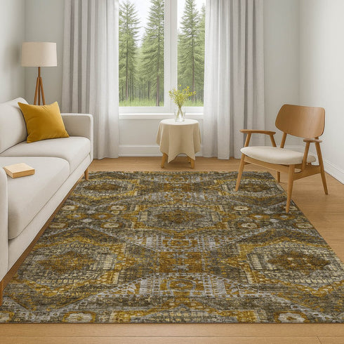 9' X 12' Brown Gold And Beige Abstract Geometric Washable Area Rug With UV Protection