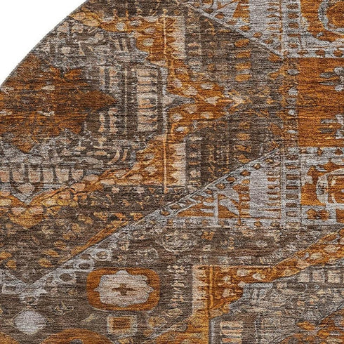 8' Copper Rust And Beige Abstract Geometric Washable Round Rug With UV Protection