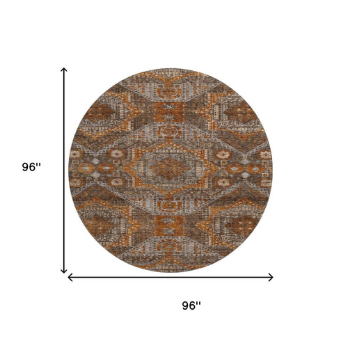8' Copper Rust And Beige Abstract Geometric Washable Round Rug With UV Protection