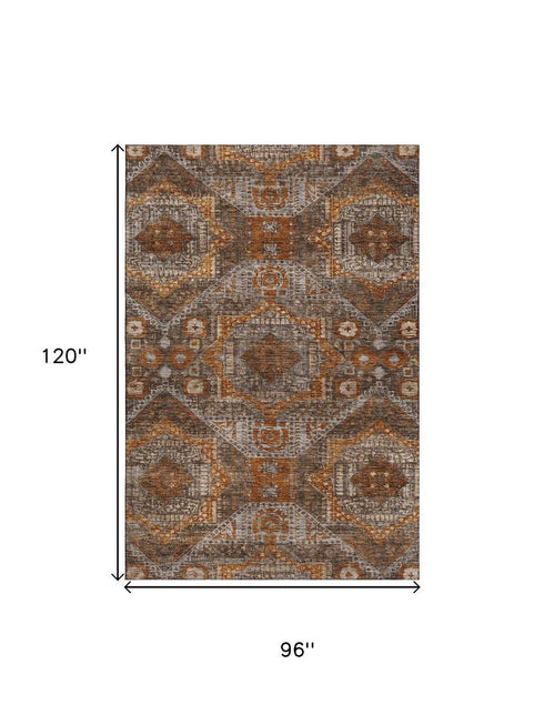 8' X 10' Copper Rust And Beige Abstract Geometric Washable Area Rug With UV Protection