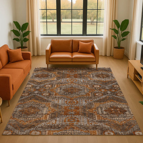 8' X 10' Copper Rust And Beige Abstract Geometric Washable Area Rug With UV Protection