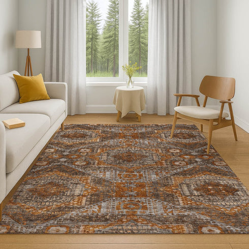 8' X 10' Copper Rust And Beige Abstract Geometric Washable Area Rug With UV Protection