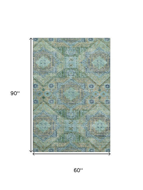 5' X 8' Green Blue And Beige Abstract Geometric Washable Area Rug With UV Protection